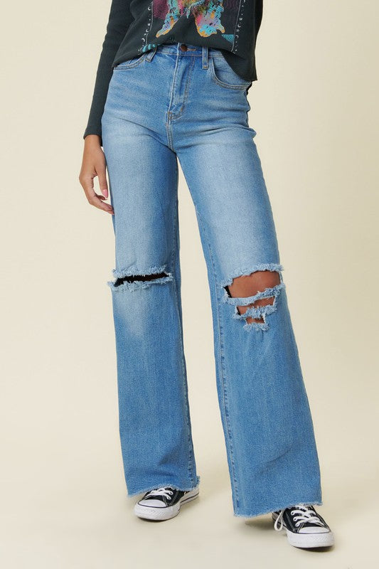 Distressed Wide Fit Jeans Medium Stone 11 by Vibrant M.i.U | Fleurcouture