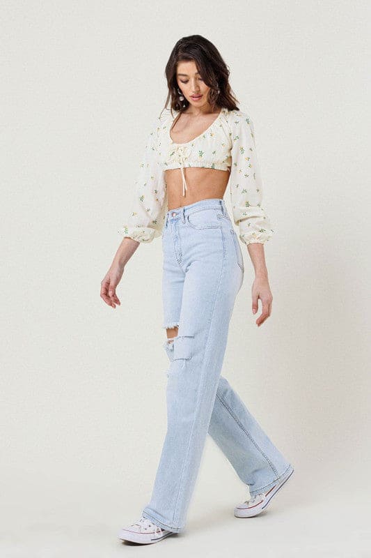 Distressed Wide Leg Jeans Light Stone by Vibrant M.i.U | Fleurcouture