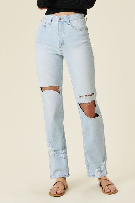 Distressed Wide Leg Jeans Light Stone by Vibrant M.i.U | Fleurcouture