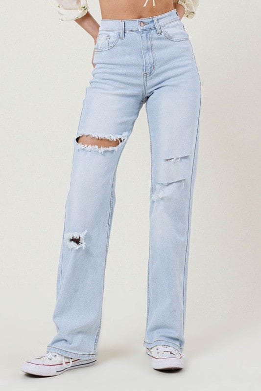 Distressed Wide Leg Jeans Light Stone by Vibrant M.i.U | Fleurcouture