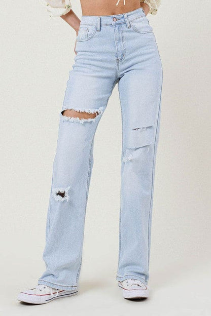 Distressed Wide Leg Jeans Light Stone by Vibrant M.i.U | Fleurcouture