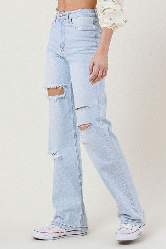 Distressed Wide Leg Jeans Light Stone by Vibrant M.i.U | Fleurcouture