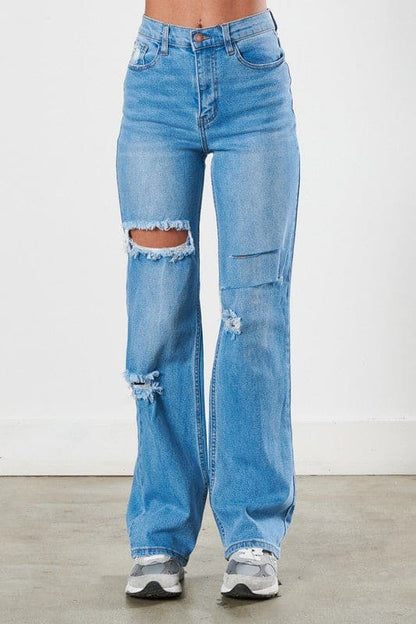 Distressed Wide Leg Jeans Medium Stone by Vibrant M.i.U | Fleurcouture