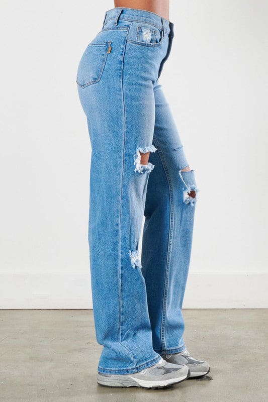 Distressed Wide Leg Jeans Medium Stone by Vibrant M.i.U | Fleurcouture