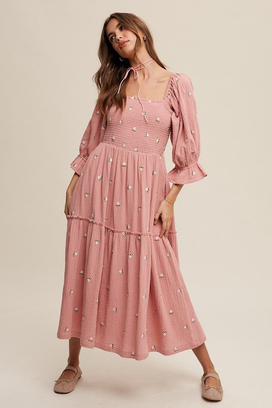 Ditzy Floral Embroidery Puff Sleeve Maxi Dress Deep Rose S by Listicle | Fleurcouture