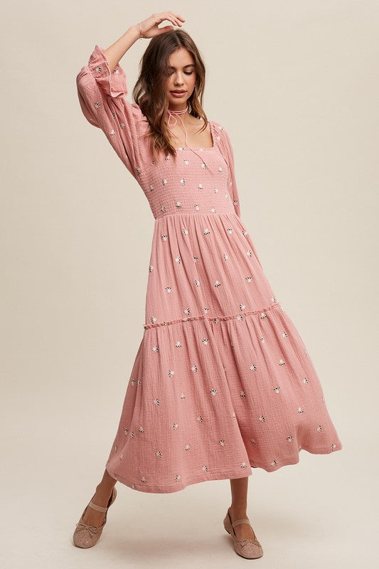 Ditzy Floral Embroidery Puff Sleeve Maxi Dress by Listicle | Fleurcouture