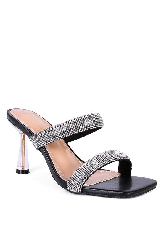 DOLLS DIAMANTE MID HEEL SLIDE SANDALS Black 6 by Rag Company | Fleurcouture