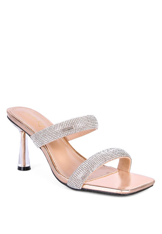 DOLLS DIAMANTE MID HEEL SLIDE SANDALS Nude 6 by Rag Company | Fleurcouture