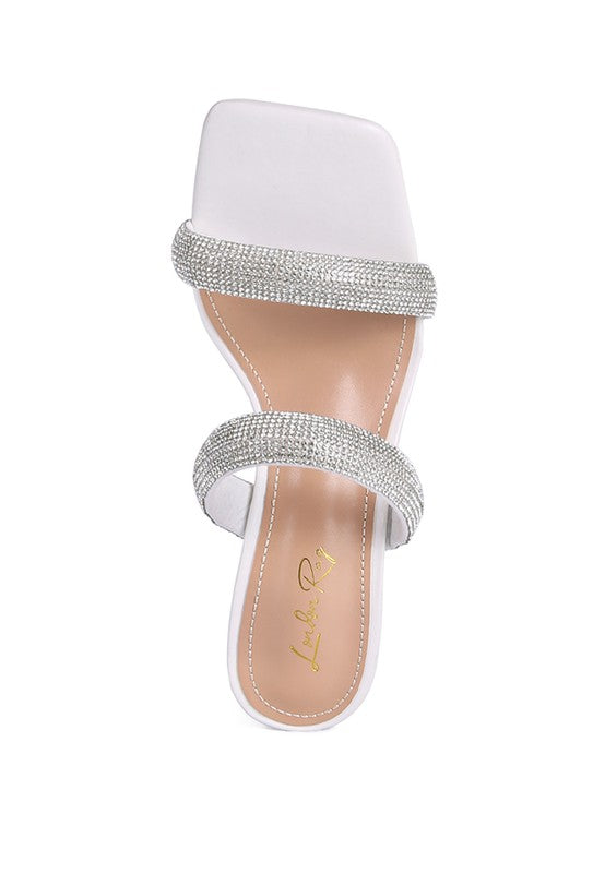 DOLLS DIAMANTE MID HEEL SLIDE SANDALS by Rag Company | Fleurcouture