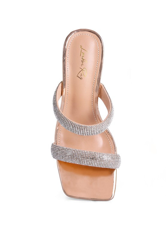 DOLLS DIAMANTE MID HEEL SLIDE SANDALS by Rag Company | Fleurcouture