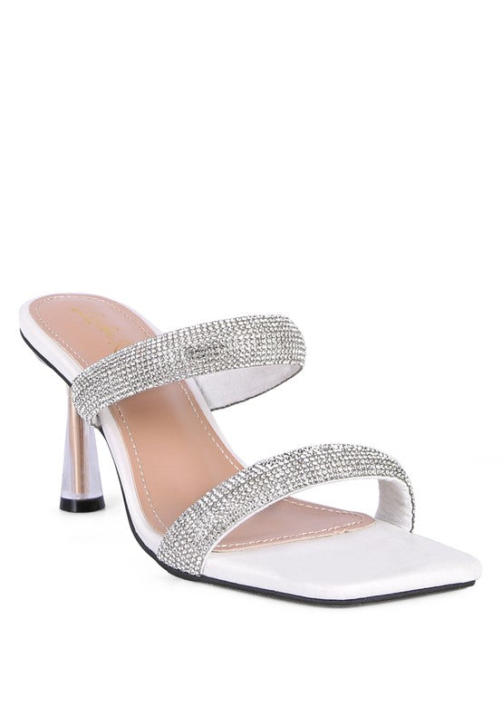 DOLLS DIAMANTE MID HEEL SLIDE SANDALS White 6 by Rag Company | Fleurcouture