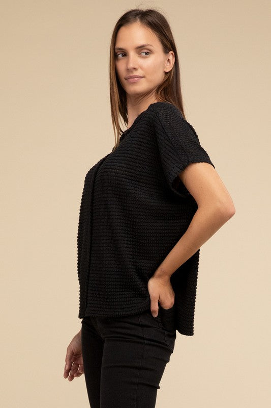 Dolman Short Sleeve Jacquard Sweater by ZENANA | Fleurcouture