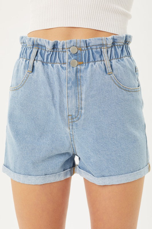 Double Buttoned Waistband Denim Shorts BLUE S by Love Tree | Fleurcouture