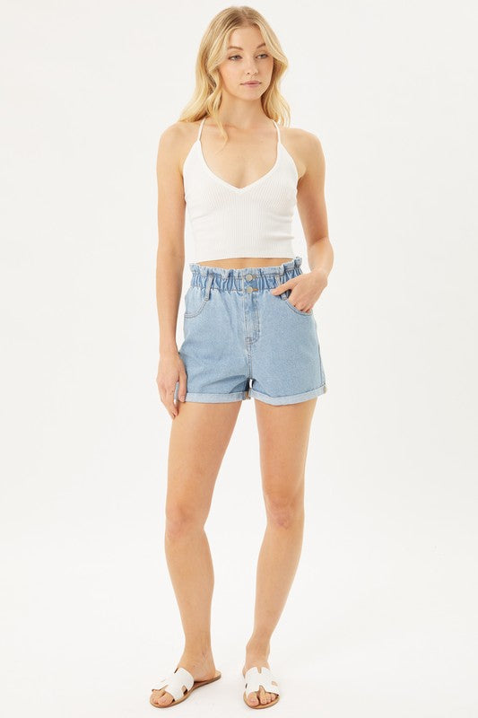 Double Buttoned Waistband Denim Shorts by Love Tree | Fleurcouture