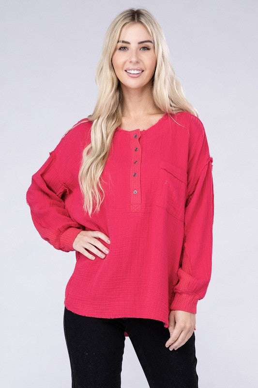 Double Gauze Oversized 3/4 Button Henley Neck Top VIVA MAGENTA S/M by ZENANA | Fleurcouture