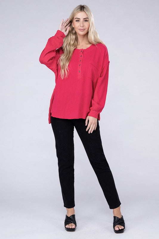 Double Gauze Oversized 3/4 Button Henley Neck Top by ZENANA | Fleurcouture