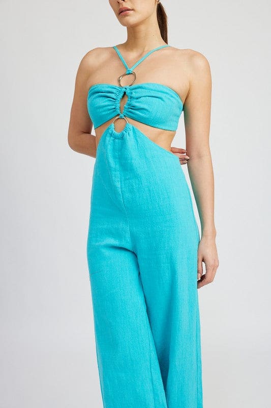 DOUBLE O RING CUT OUT JUMPSUIT TURQUOISE Jumpsuits by Emory Park | Fleurcouture