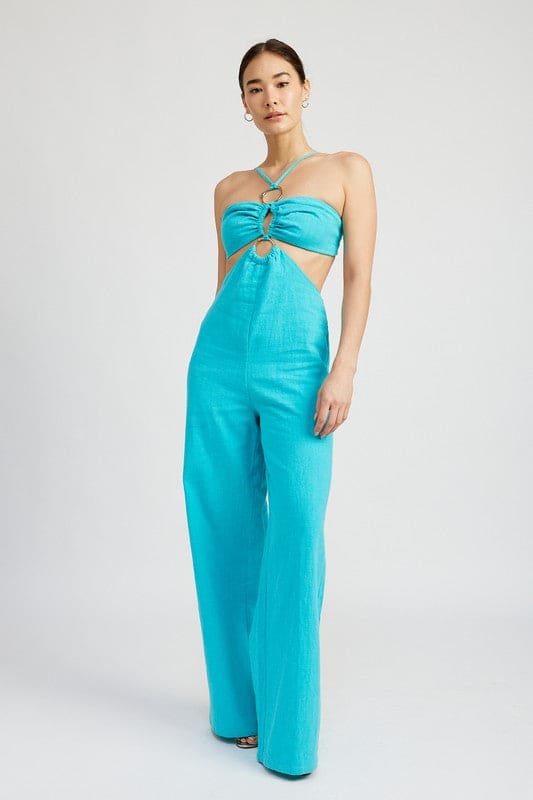 DOUBLE O RING CUT OUT JUMPSUIT TURQUOISE Jumpsuits by Emory Park | Fleurcouture