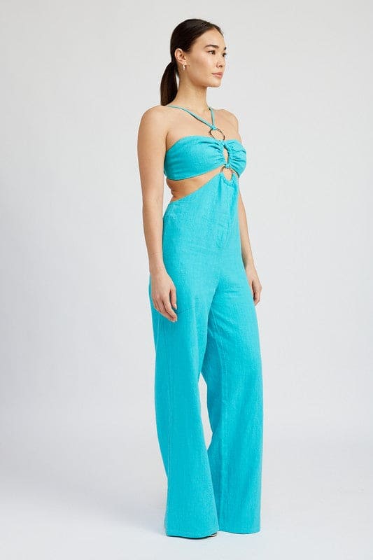 DOUBLE O RING CUT OUT JUMPSUIT TURQUOISE Jumpsuits by Emory Park | Fleurcouture