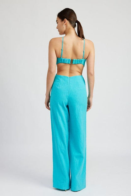 DOUBLE O RING CUT OUT JUMPSUIT TURQUOISE Jumpsuits by Emory Park | Fleurcouture