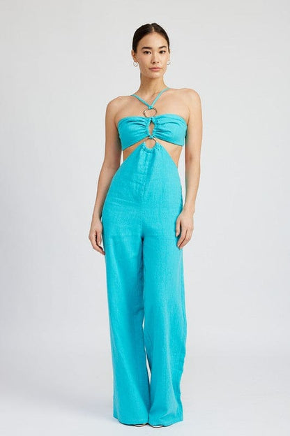 DOUBLE O RING CUT OUT JUMPSUIT TURQUOISE S Jumpsuits by Emory Park | Fleurcouture