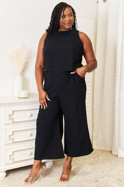 Double Take Buttoned Round Neck Tank and Wide Leg Pants Set Black by Trendsi | Fleurcouture