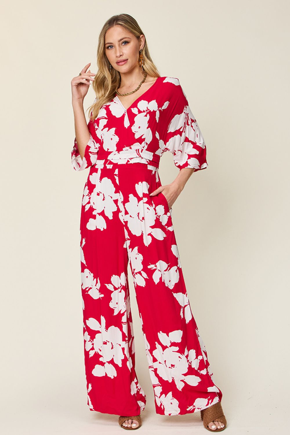 Double Take Full Size Printed Tie Back Wide Leg Jumpsuit Deep Rose S Jumpsuits by Trendsi | Fleurcouture