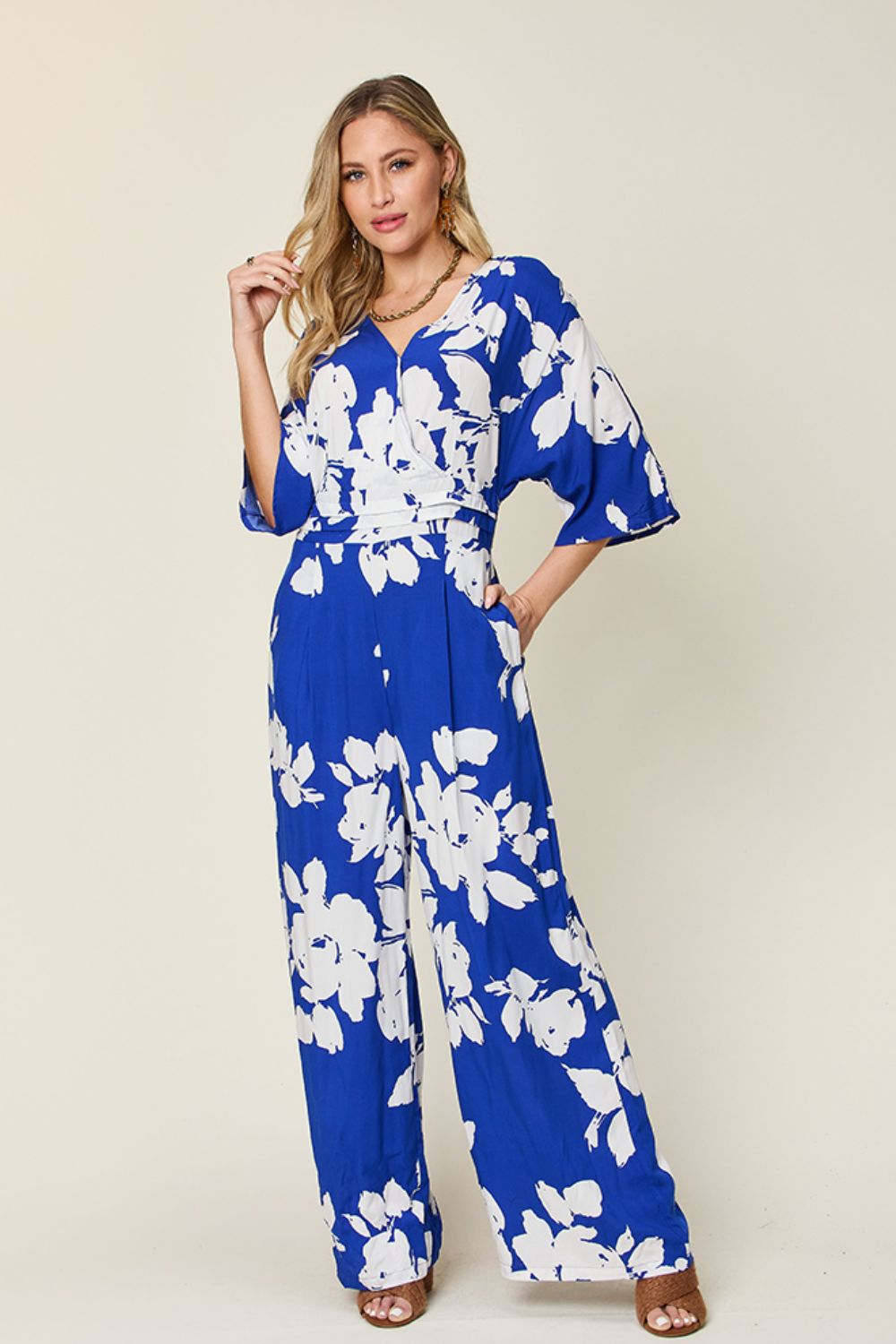 Double Take Full Size Printed Tie Back Wide Leg Jumpsuit Royal Blue S Jumpsuits by Trendsi | Fleurcouture