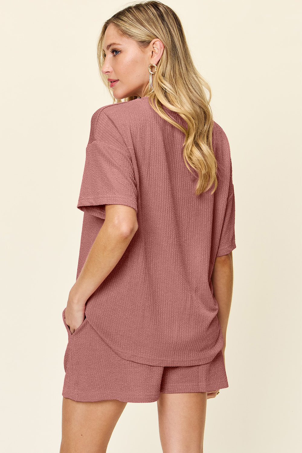 Double Take Full Size Round Neck Short Sleeve T-Shirt and Shorts Set Light Mauve Loungewear by Trendsi | Fleurcouture