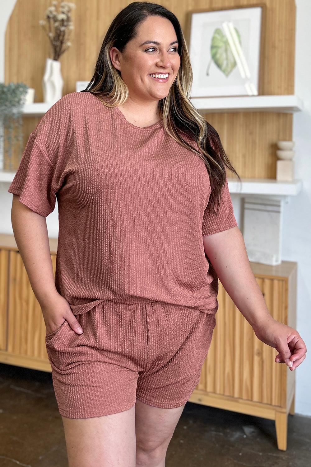 Double Take Full Size Round Neck Short Sleeve T-Shirt and Shorts Set Light Mauve Loungewear by Trendsi | Fleurcouture