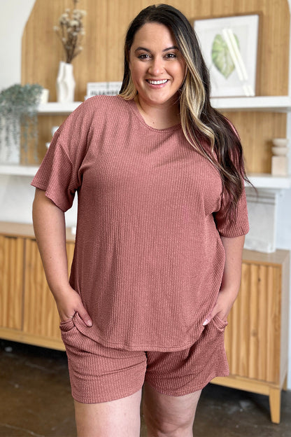 Double Take Full Size Round Neck Short Sleeve T-Shirt and Shorts Set Light Mauve S Loungewear by Trendsi | Fleurcouture