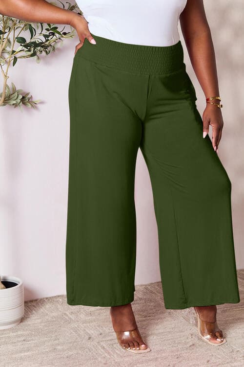 Double Take Full Size Smocked Wide Waistband Wide Leg Pants Army Green S by Trendsi | Fleurcouture