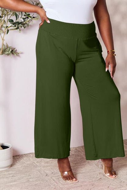 Double Take Full Size Smocked Wide Waistband Wide Leg Pants Army Green S by Trendsi | Fleurcouture