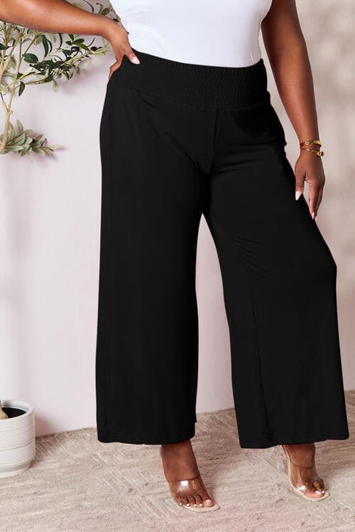 Double Take Full Size Smocked Wide Waistband Wide Leg Pants Black S by Trendsi | Fleurcouture