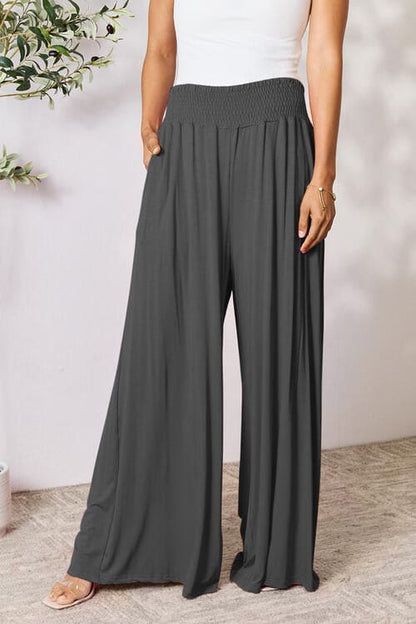 Double Take Full Size Smocked Wide Waistband Wide Leg Pants Charcoal S by Trendsi | Fleurcouture