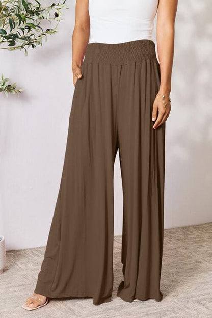 Double Take Full Size Smocked Wide Waistband Wide Leg Pants Coffee Brown S by Trendsi | Fleurcouture