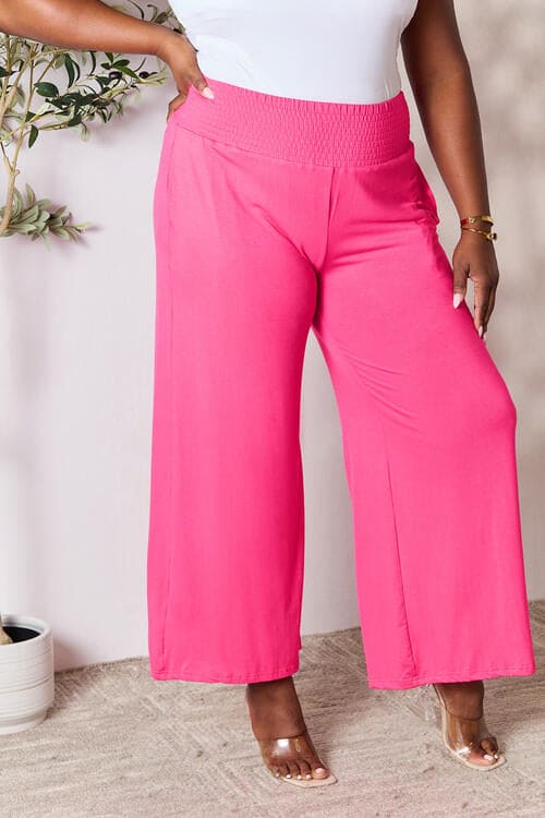 Double Take Full Size Smocked Wide Waistband Wide Leg Pants Hot Pink S by Trendsi | Fleurcouture