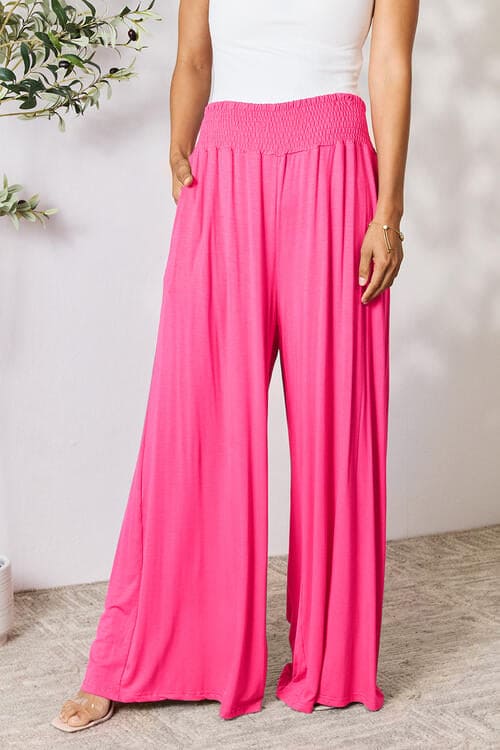 Double Take Full Size Smocked Wide Waistband Wide Leg Pants by Trendsi | Fleurcouture