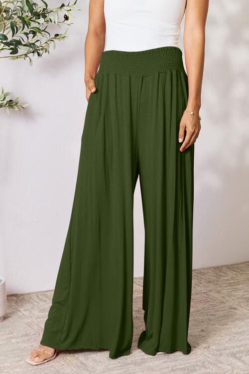 Double Take Full Size Smocked Wide Waistband Wide Leg Pants by Trendsi | Fleurcouture