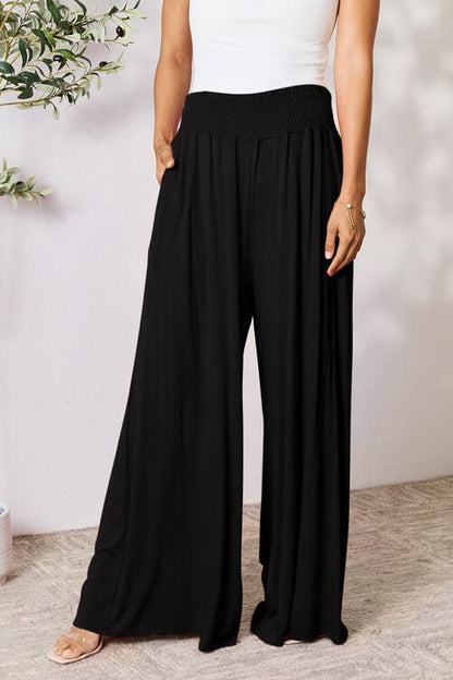 Double Take Full Size Smocked Wide Waistband Wide Leg Pants by Trendsi | Fleurcouture