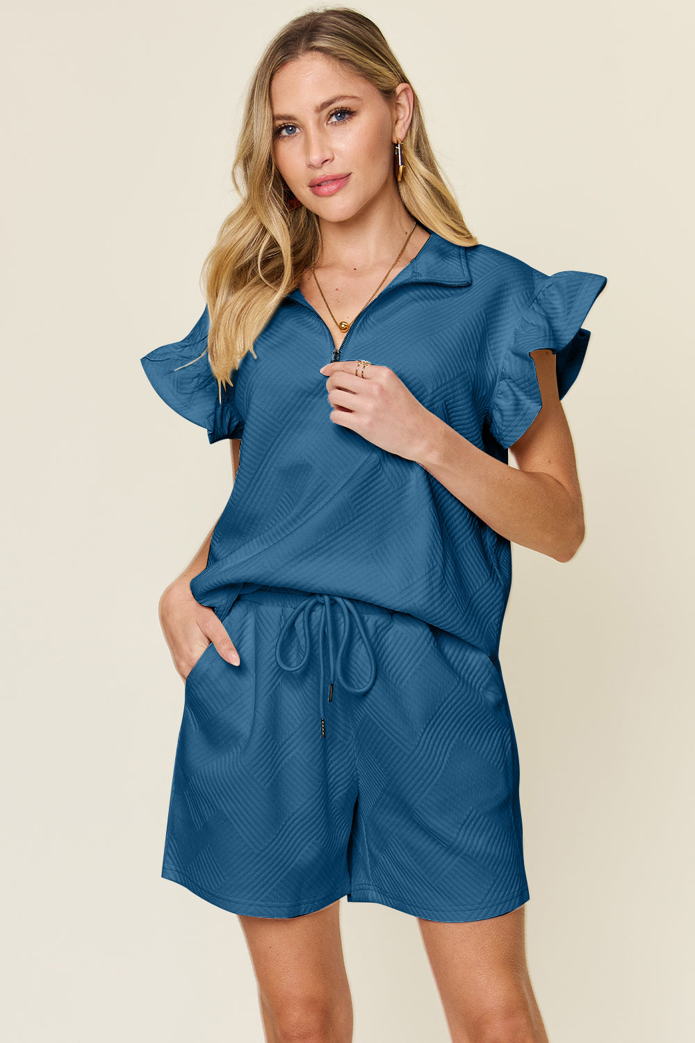 Double Take Full Size Texture Flounce Sleeve Top and Drawstring Shorts Set French Blue S Women&