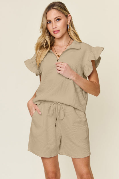 Double Take Full Size Texture Flounce Sleeve Top and Drawstring Shorts Set Khaki S Women&