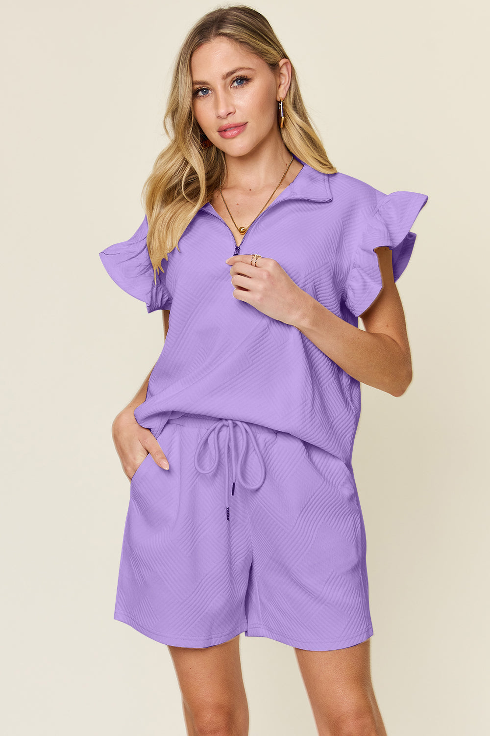 Double Take Full Size Texture Flounce Sleeve Top and Drawstring Shorts Set Lavender S Women&