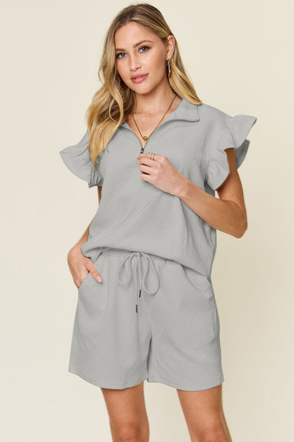 Double Take Full Size Texture Flounce Sleeve Top and Drawstring Shorts Set Light Gray S Women&