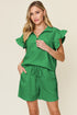 Double Take Full Size Texture Flounce Sleeve Top and Drawstring Shorts Set Mid Green S Women&