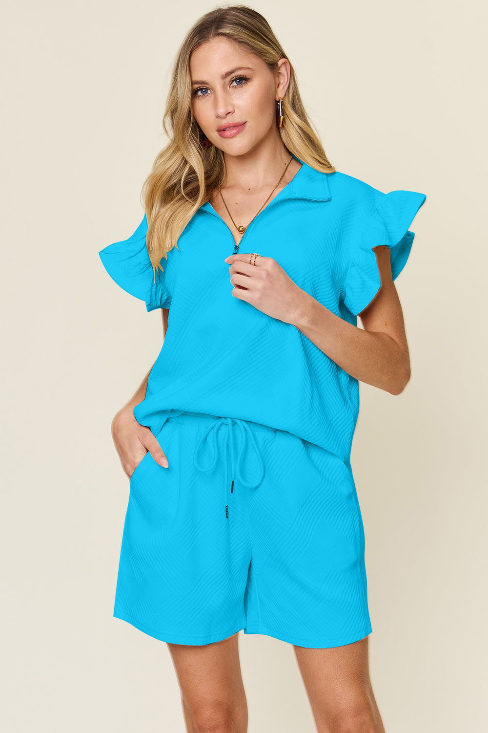 Double Take Full Size Texture Flounce Sleeve Top and Drawstring Shorts Set Sky Blue S Women&