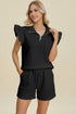 Double Take Full Size Texture Flounce Sleeve Top and Shorts Set Black S Women&