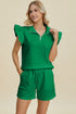 Double Take Full Size Texture Flounce Sleeve Top and Shorts Set Green S Women&