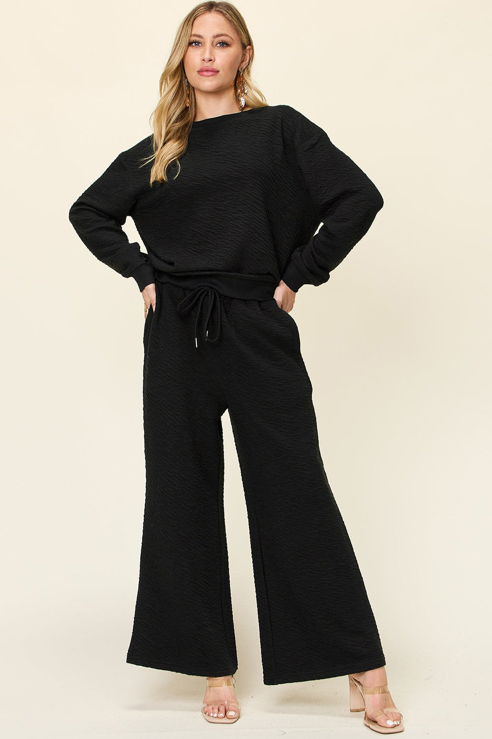 Double Take Full Size Texture Long Sleeve Top and Pants Set Black S Two Piece Sets by Trendsi | Fleurcouture