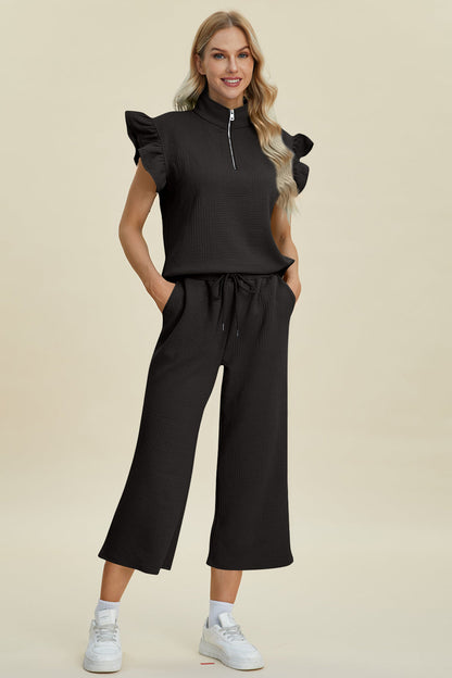 Double Take Full Size Texture Ruffle Short Sleeve Top and Wide Leg Pants Set Black S Women&